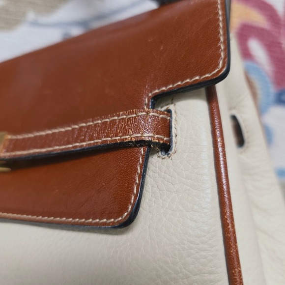 Bally Two Tone Leather Top Handle Kelly Satchel Bag Cream Brown Turnlock Vintage - Picture 14 of 16